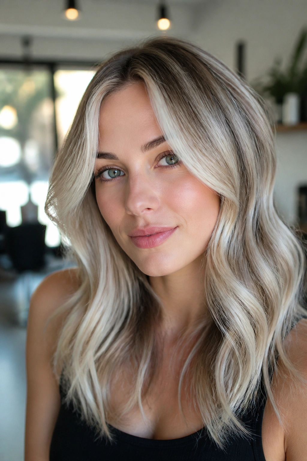 Close-up of a real woman with frosted face-framing ash blonde highlights.