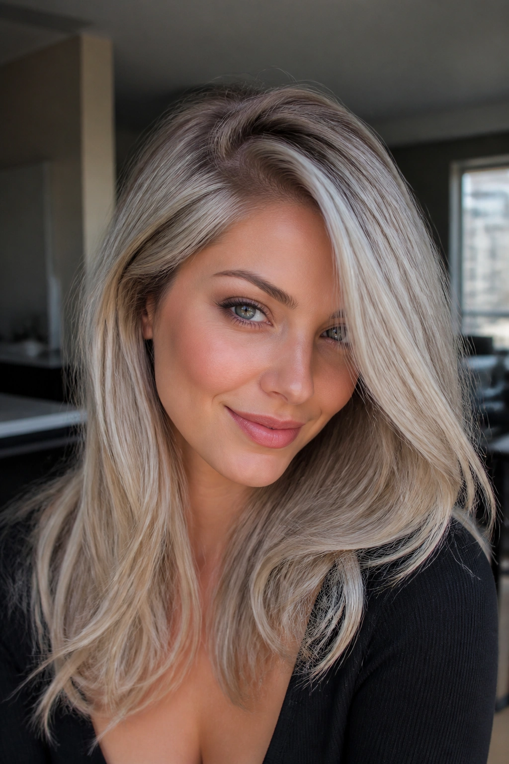 Close-up portrait of a real woman with frosted ash blonde hair and a deep side part.