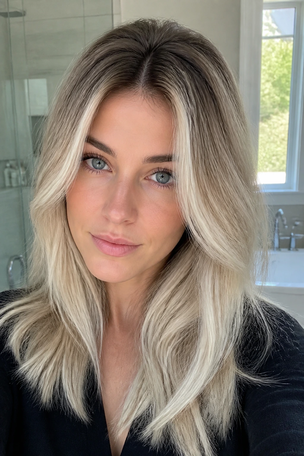 Close-up of rooted ash blonde with soft grow-out