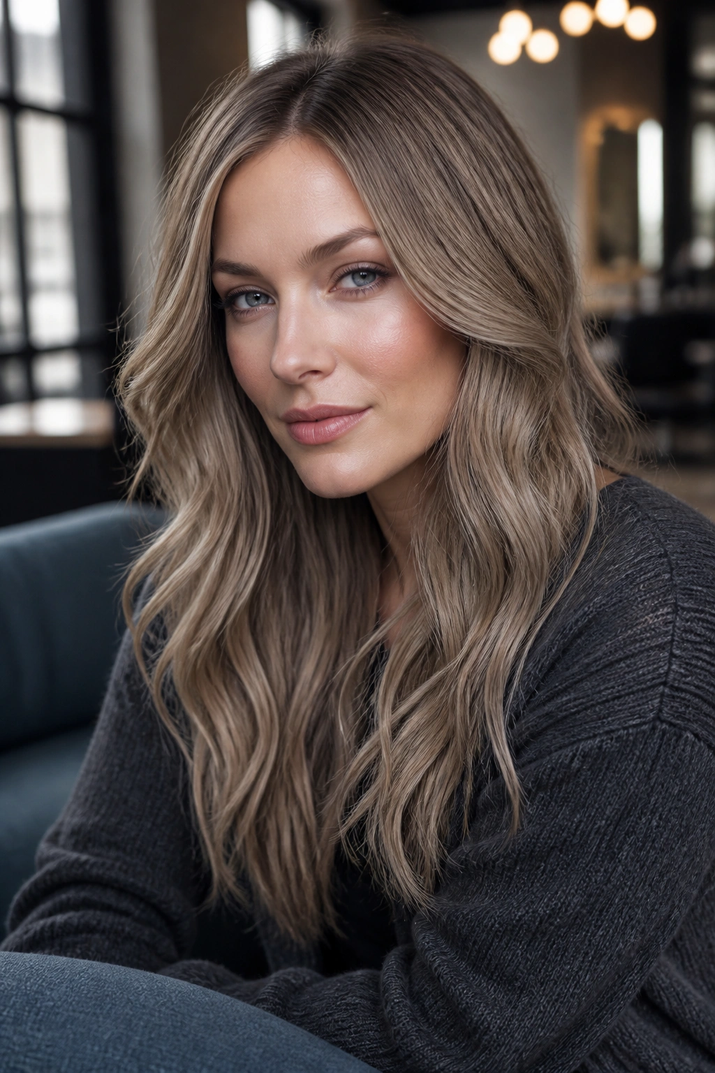 Portrait of a woman with ash blonde hair in cool interior lighting