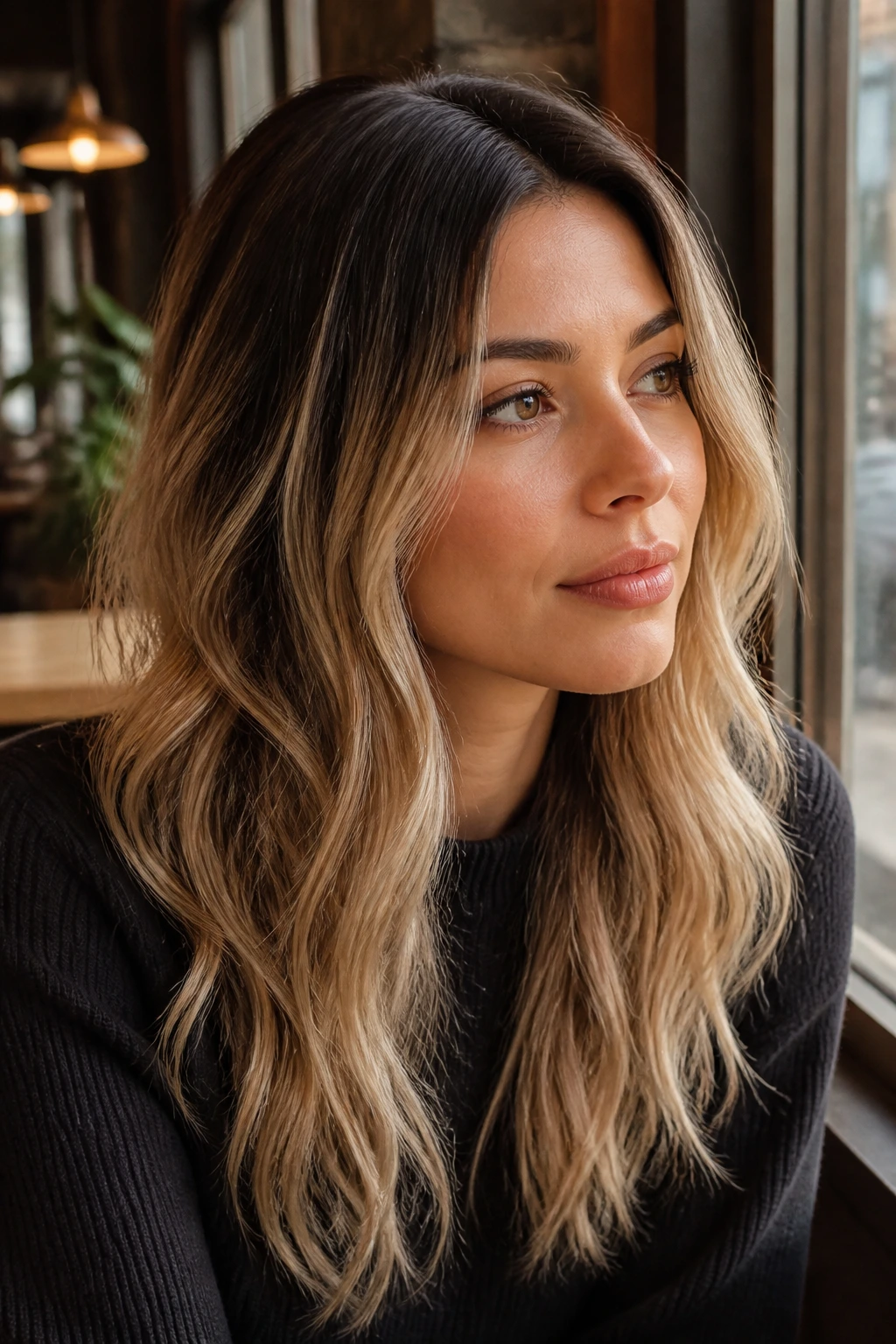 Close-up of a real woman with dark roots and ash-blonde highlights by a cafe window.