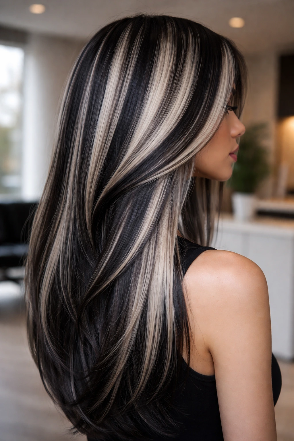 Close-up of a real person with ash-blonde and jet-black hair in a high-contrast combo