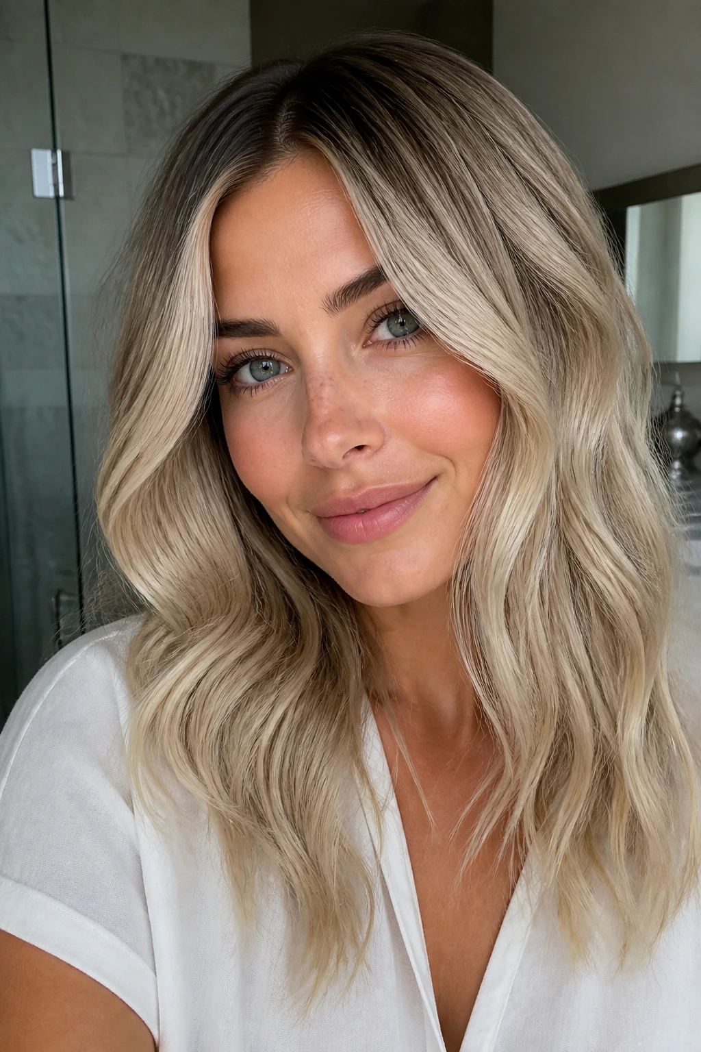 Close-up portrait of a real woman with ash blonde hair and a lived-in root