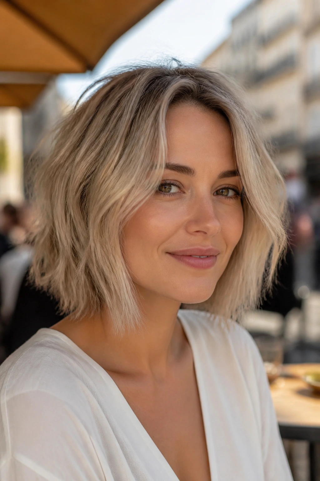 Close-up of a real woman with an ash blonde lob-bob and invisible layers at an outdoor cafe