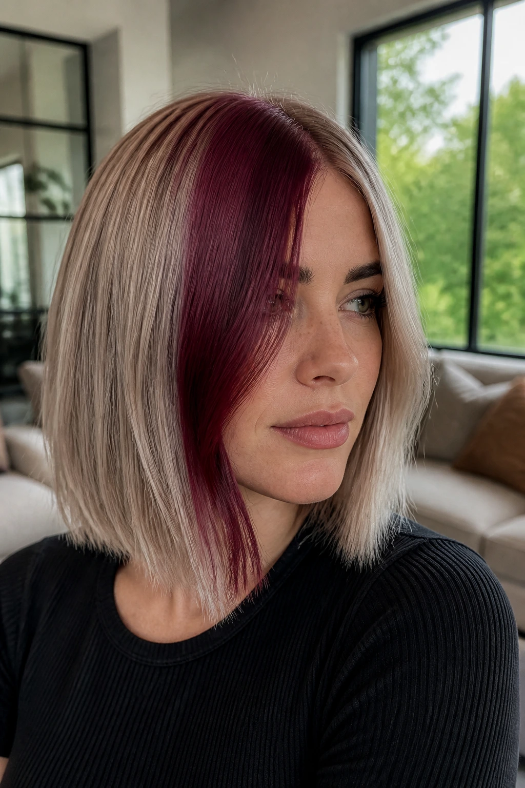 Real woman with ash blonde lob and split burgundy face frame
