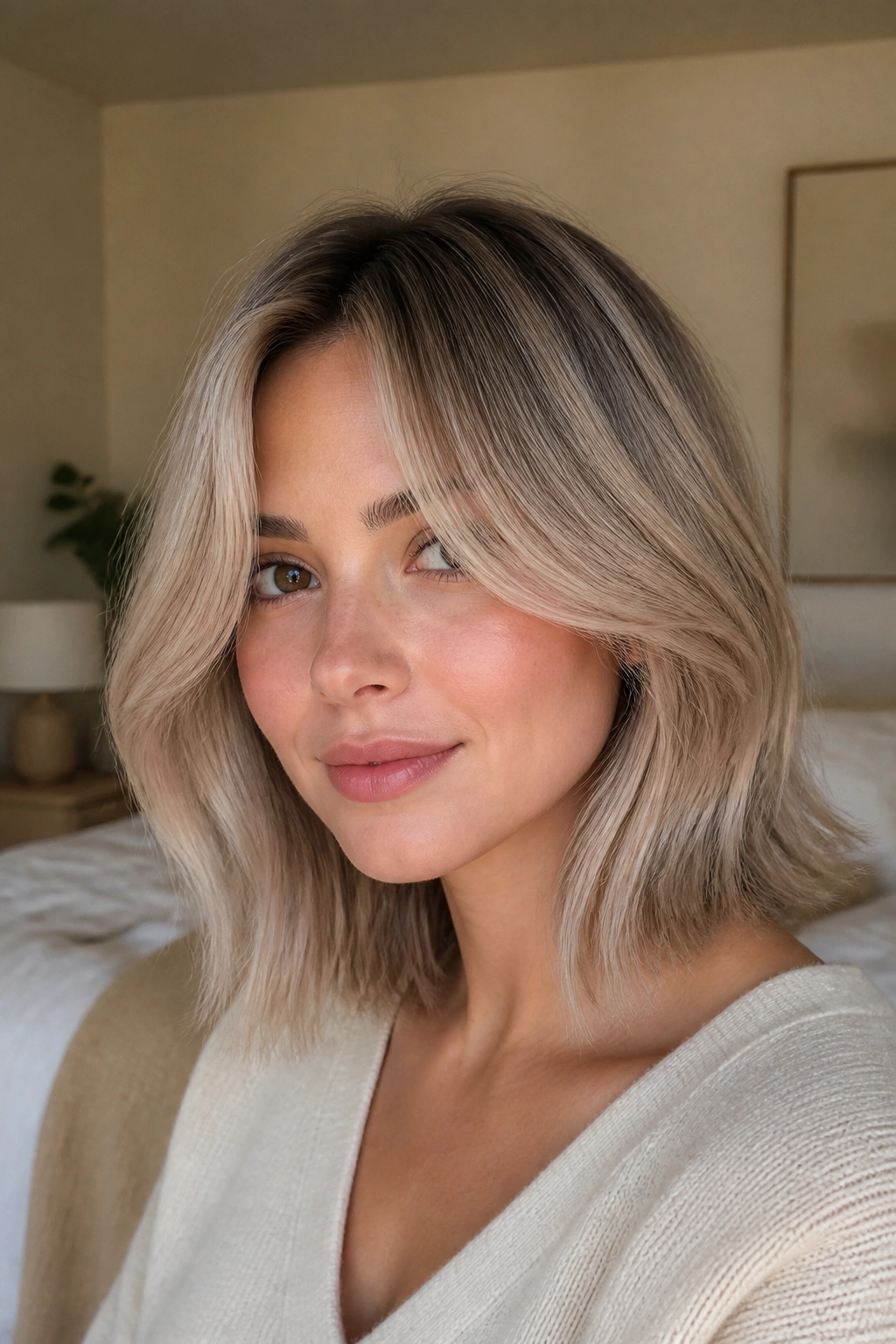 Close-up portrait of a woman with soft ash blonde lob and long curtain bangs in natural window light