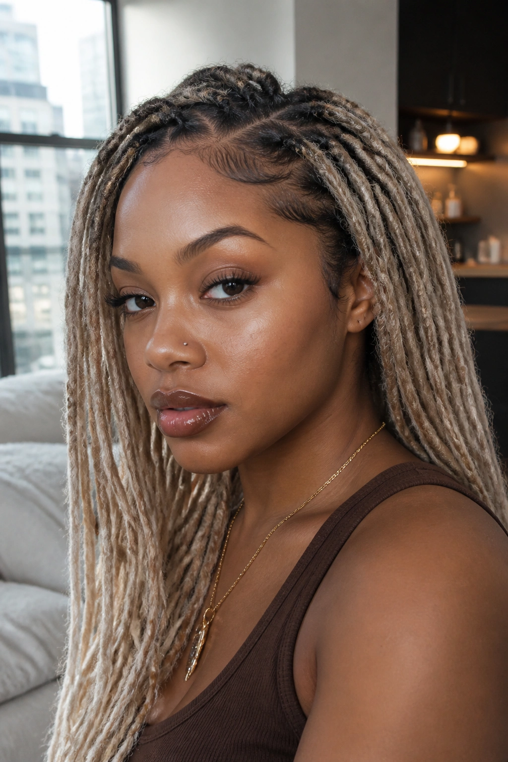 Close-up portrait of a woman with Ash Blonde Locs with Smoky Roots.