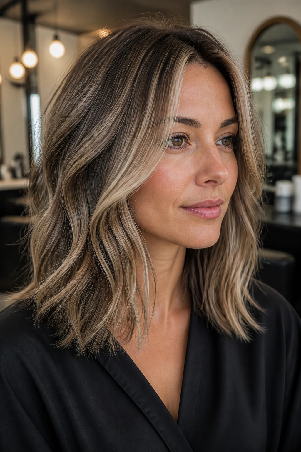Close-up of shoulder-length hair with ash blonde highlights and brown lowlights