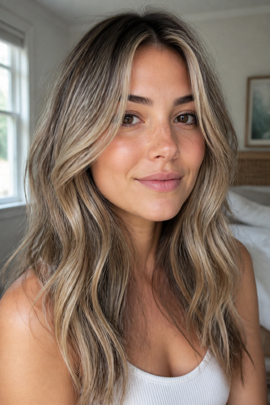 Close-up portrait of a woman with dimensional ash blonde hair and lowlights framing the face