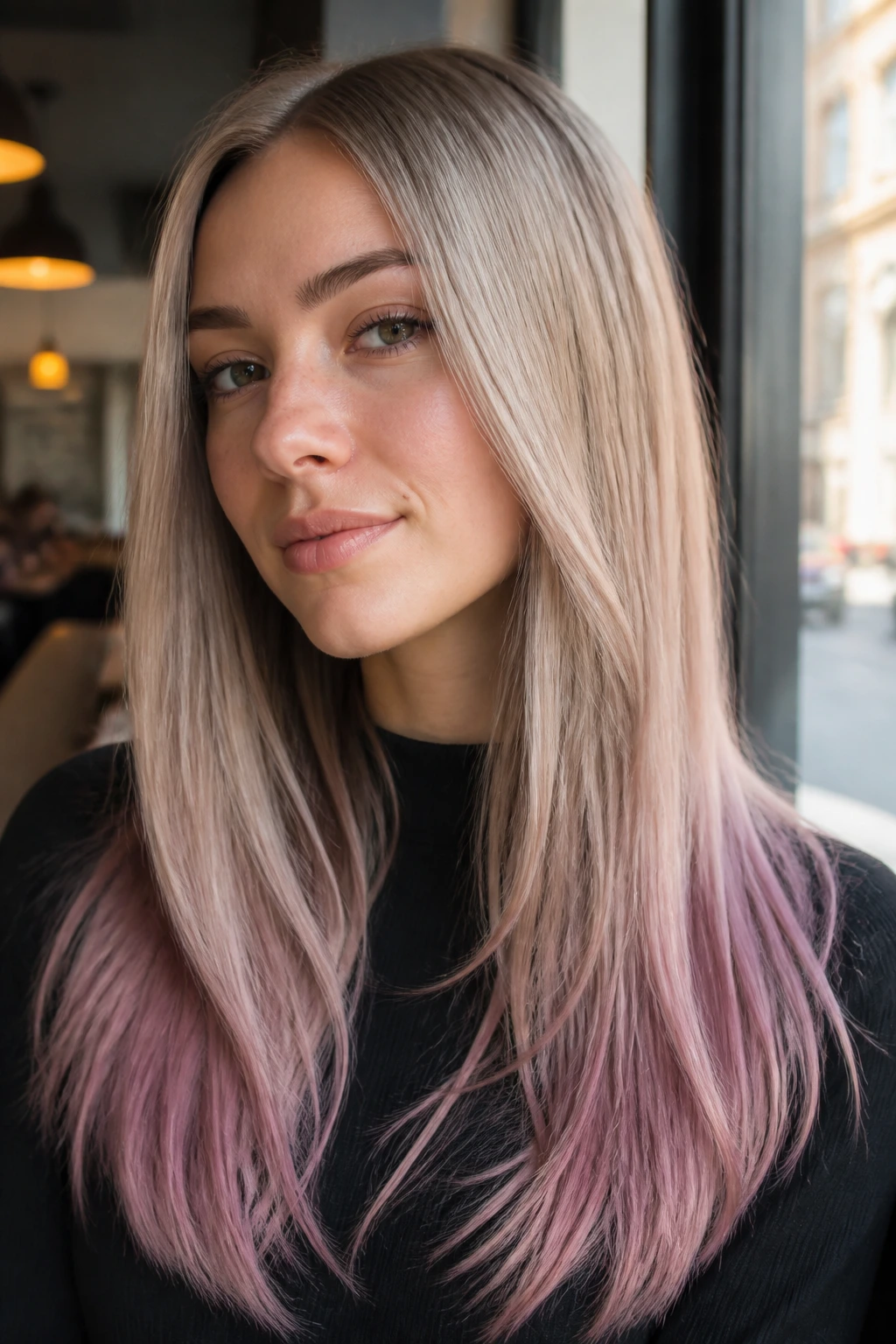 Close-up portrait of ash blonde to mauve pink curtain ends hair on a real woman