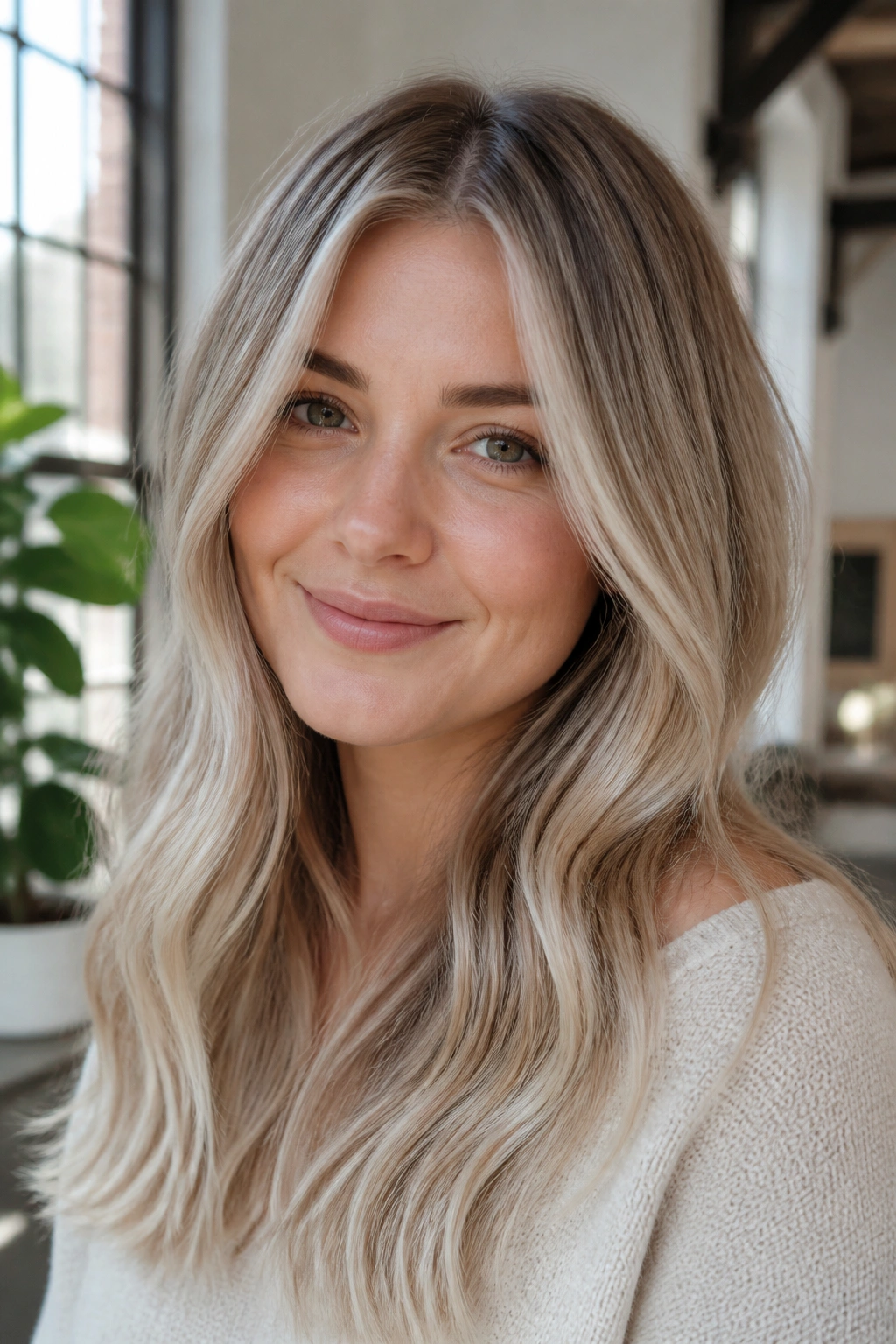 Portrait of a real woman with ash blonde micro-lights and root melt in a sunlit loft.