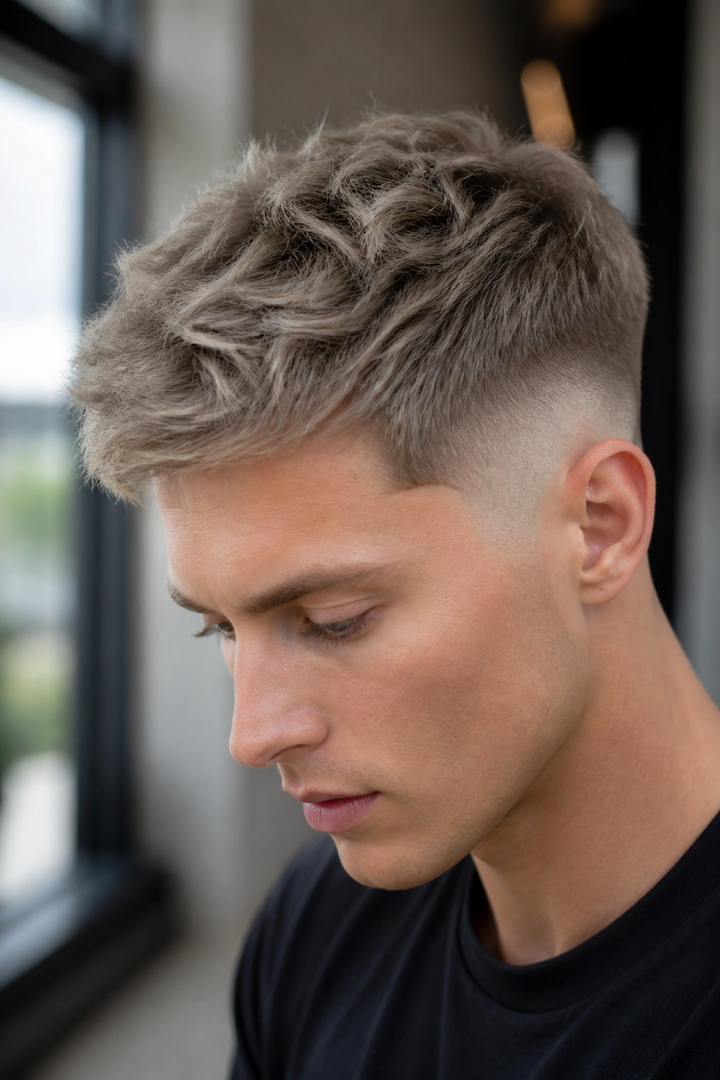 Close-up portrait of a man with ash blonde mid fade in a window-lit interior