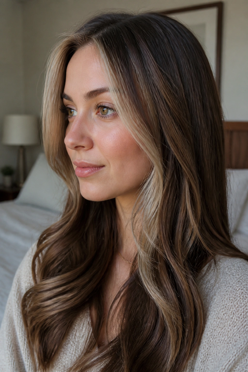 Portrait of a woman with ash blonde money piece framing cheeks