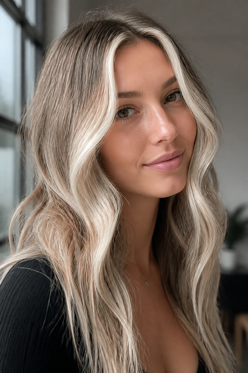 Close-up of a woman with ash blonde ombre and bright money piece