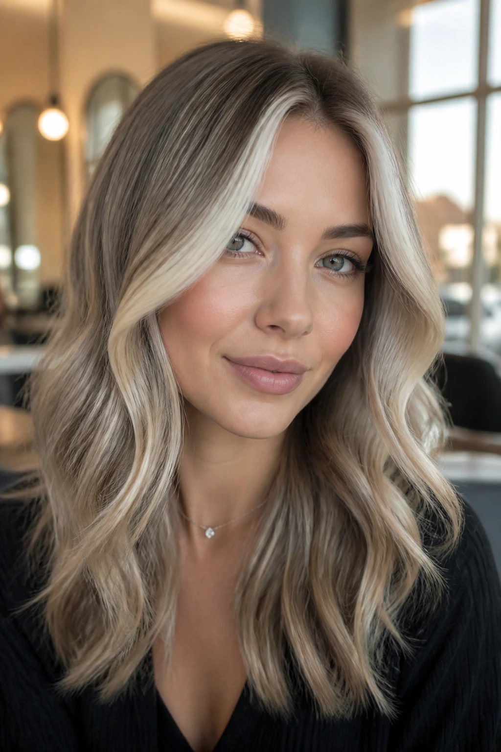 Close-up of a real person with an ash blonde money piece framing the face.