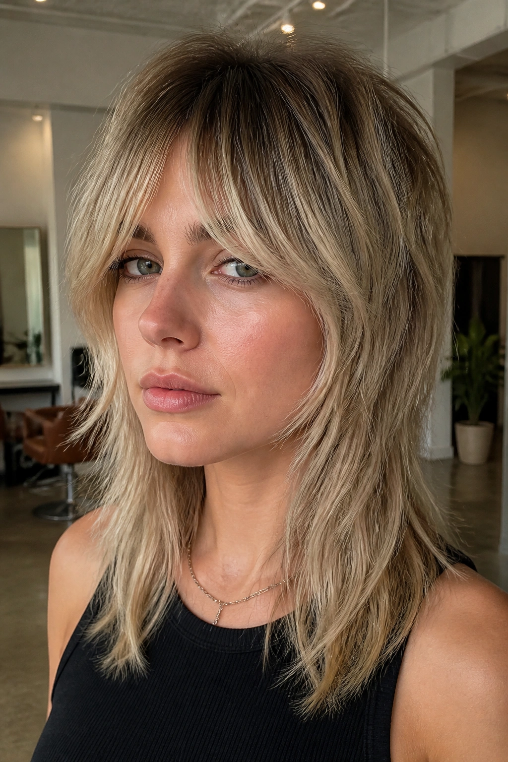 Portrait of a woman with a rooty ash blonde mullet and heavy curtain bangs in soft studio-like natural light