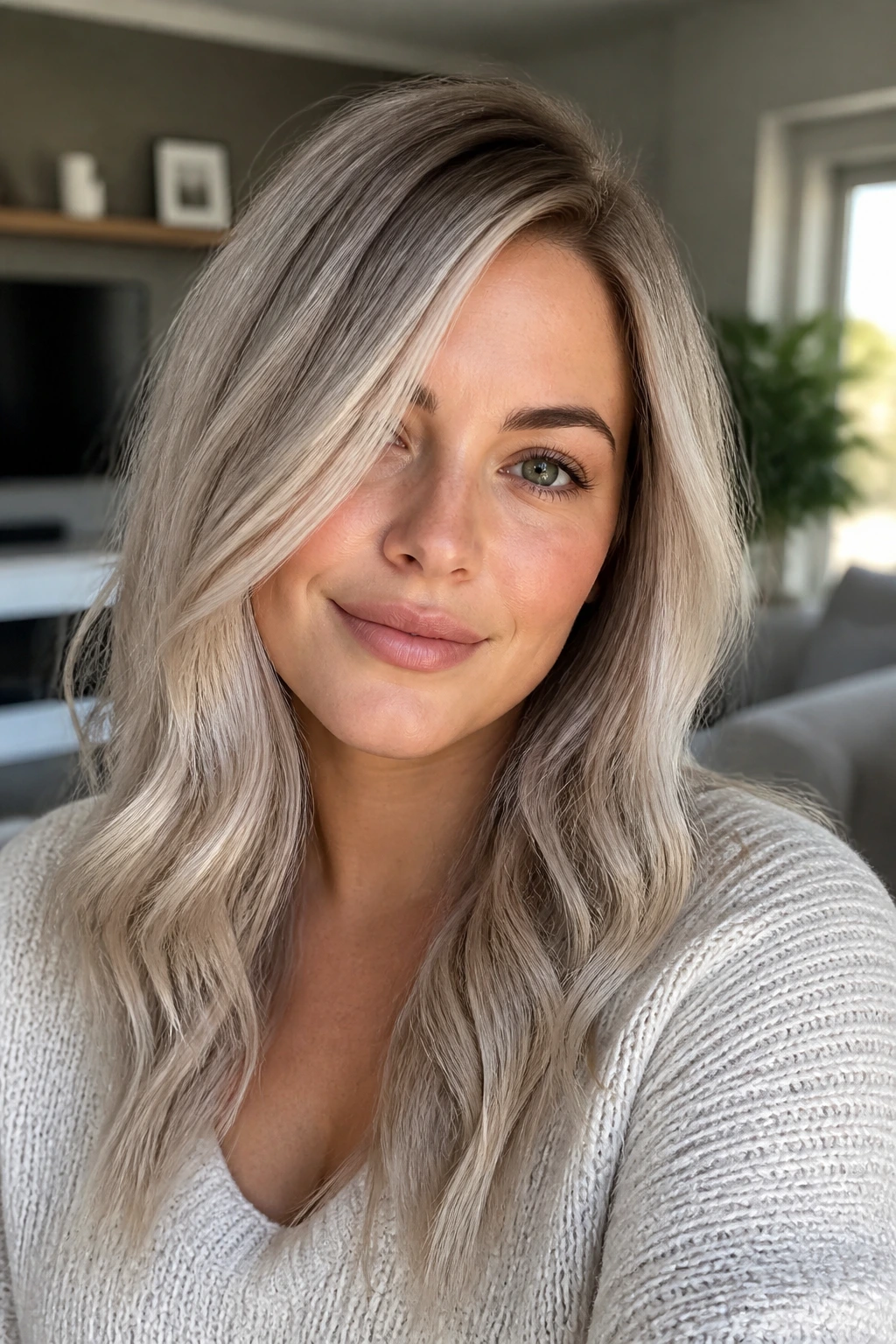 Close-up portrait of a real person with ash blonde hair and an off-center part, cool tones and diagonal front piece.