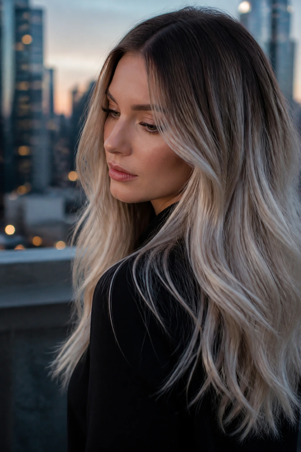 Close-up of a real woman with dark roots fading to ash ends in an ombré