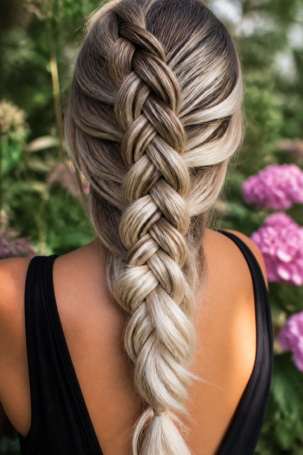 Back-of-head view of a real person with long ash blonde ombre braid