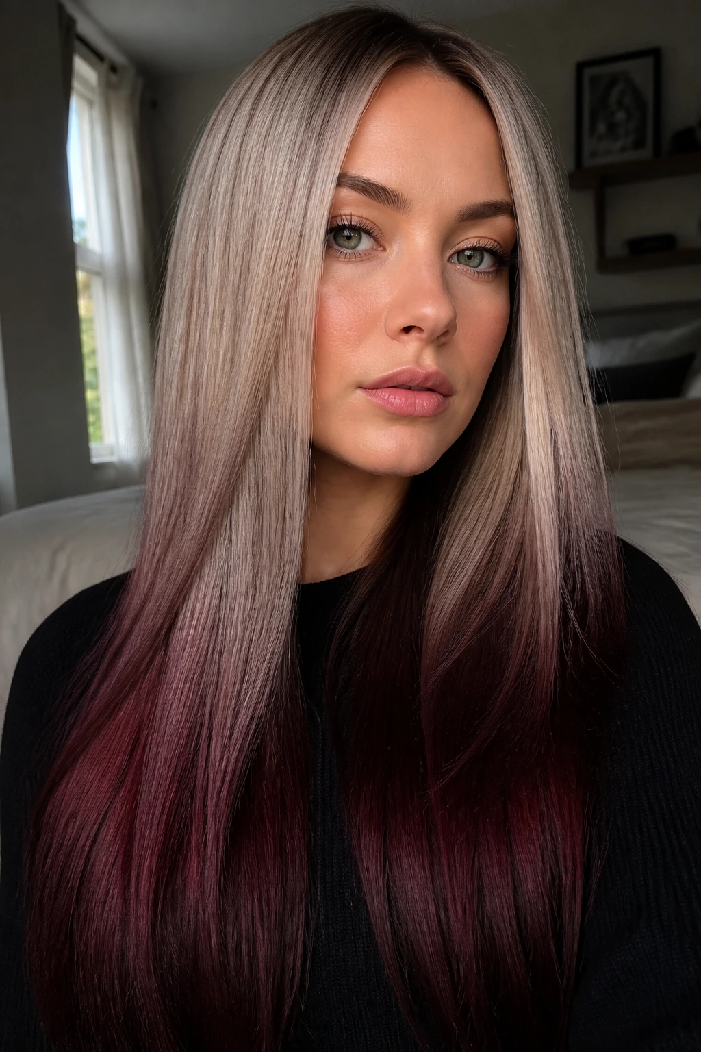 Close-up of real woman with ash blonde to black cherry ombre hair