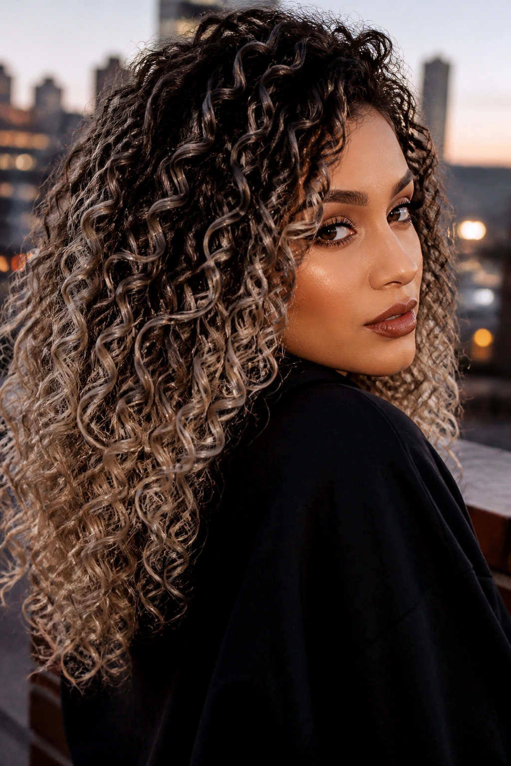Close-up of dark spiral curls with ash blonde ombre at dusk