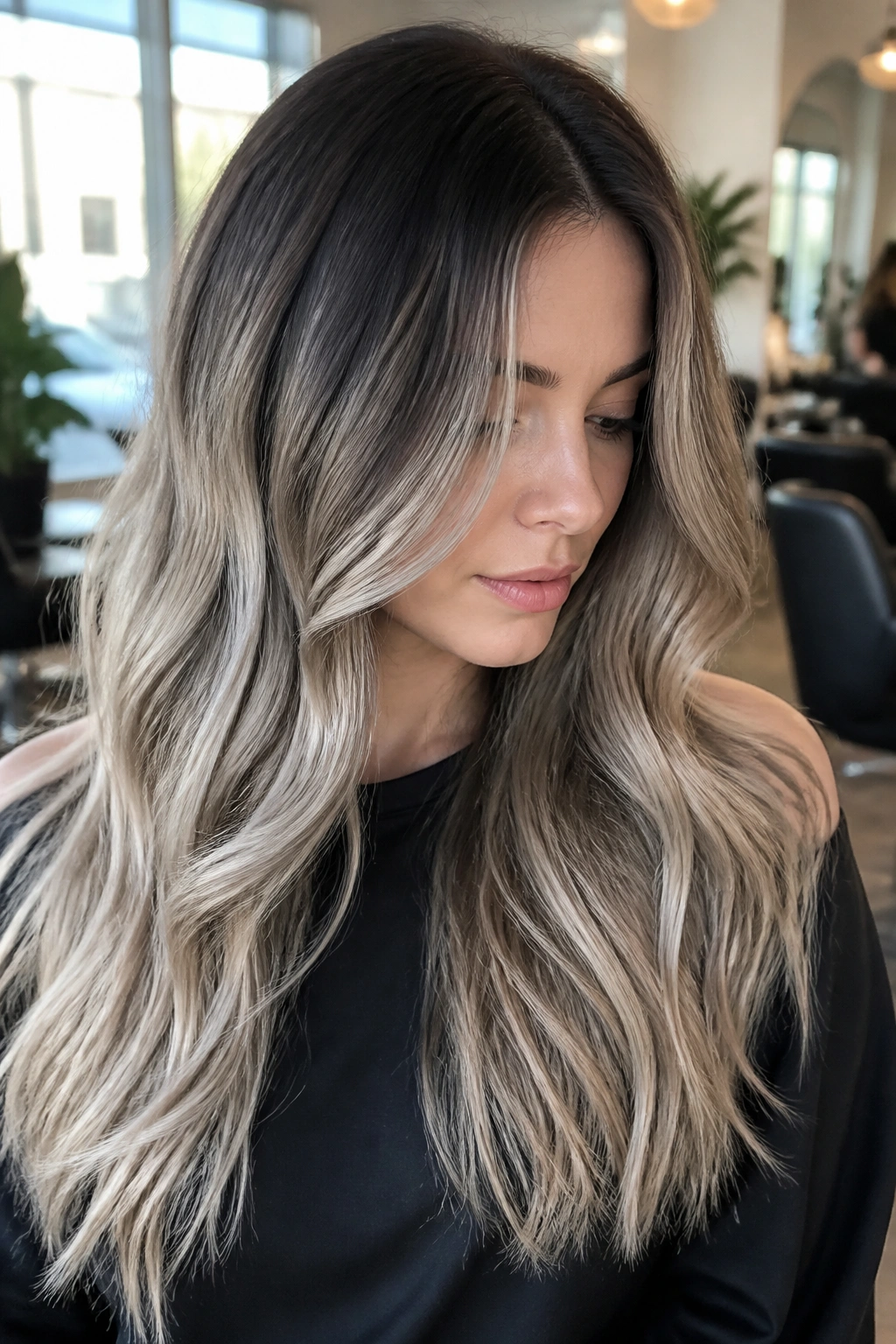 Close-up of woman with smoky root ash blonde ombre hair in salon lighting