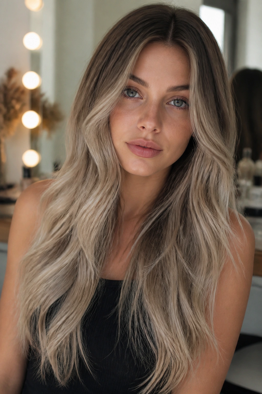 Portrait of woman with ash blonde ombre and mushroom roots in soft vanity lighting