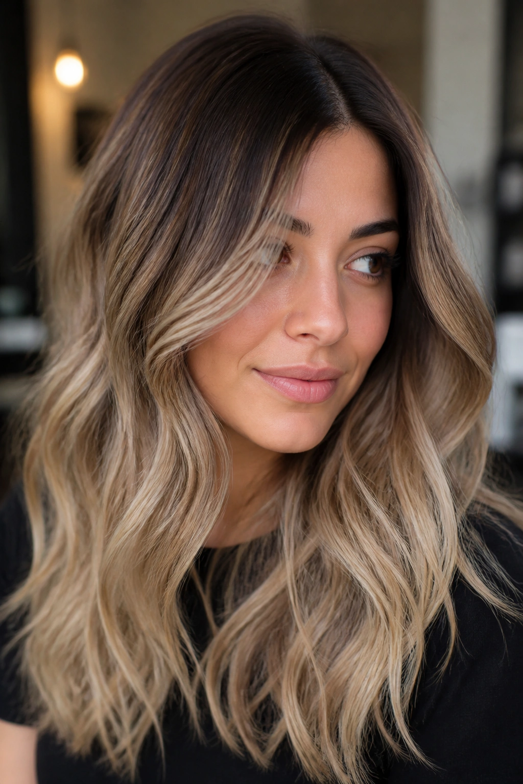 Close-up of brunette-to-ash blonde ombré on a real woman.