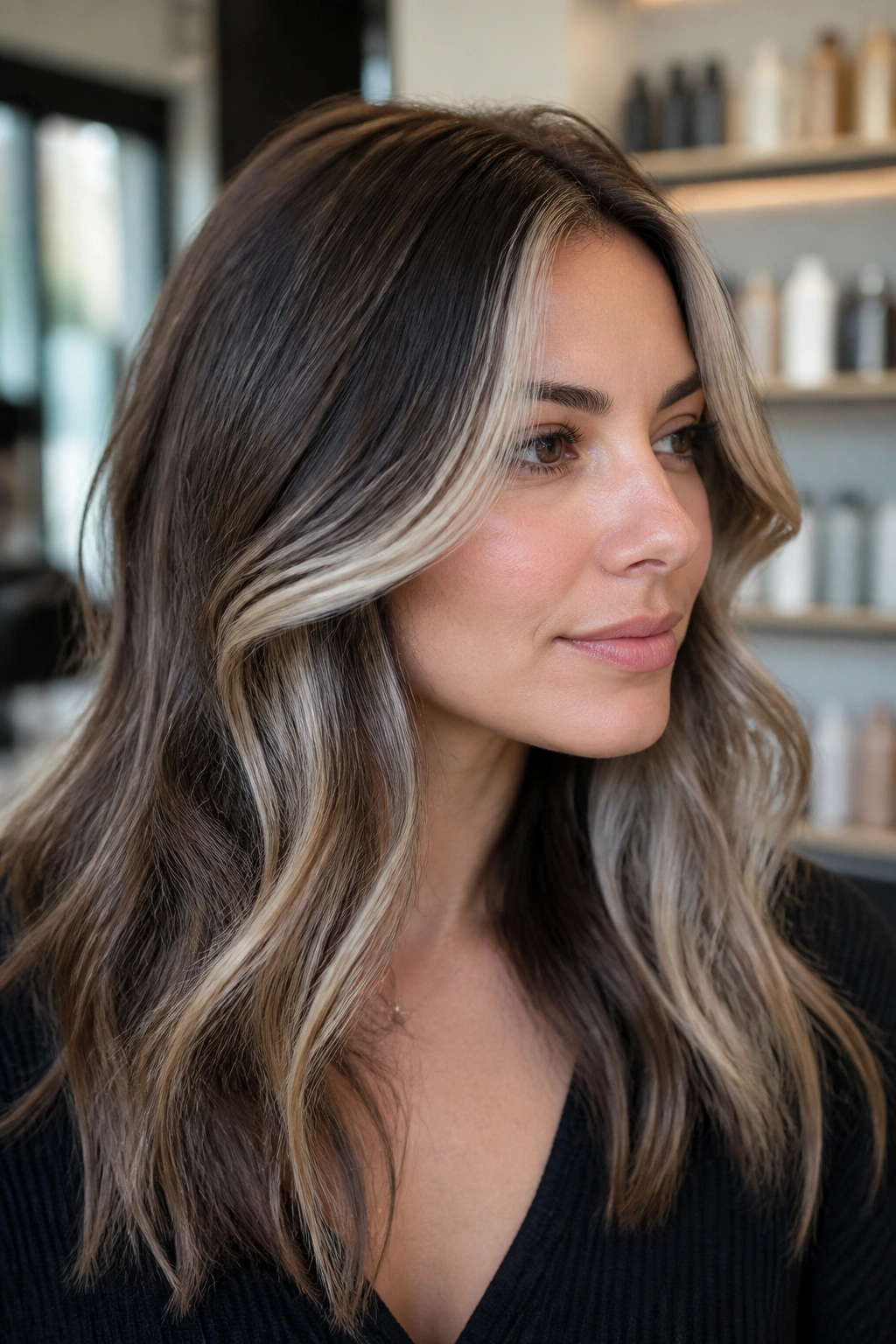 Close-up of a real woman with ash-blonde panels in brunette hair under salon lighting