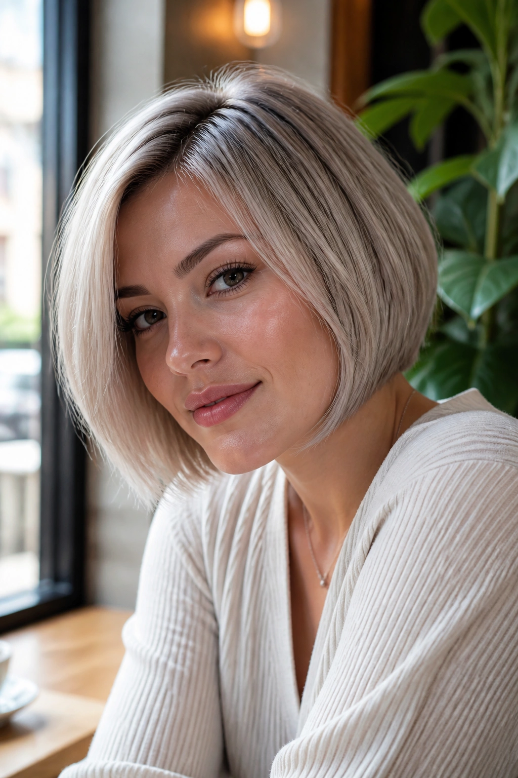 Real woman with pearl-matte ash blonde chin-length bob in a sunlit cafe.