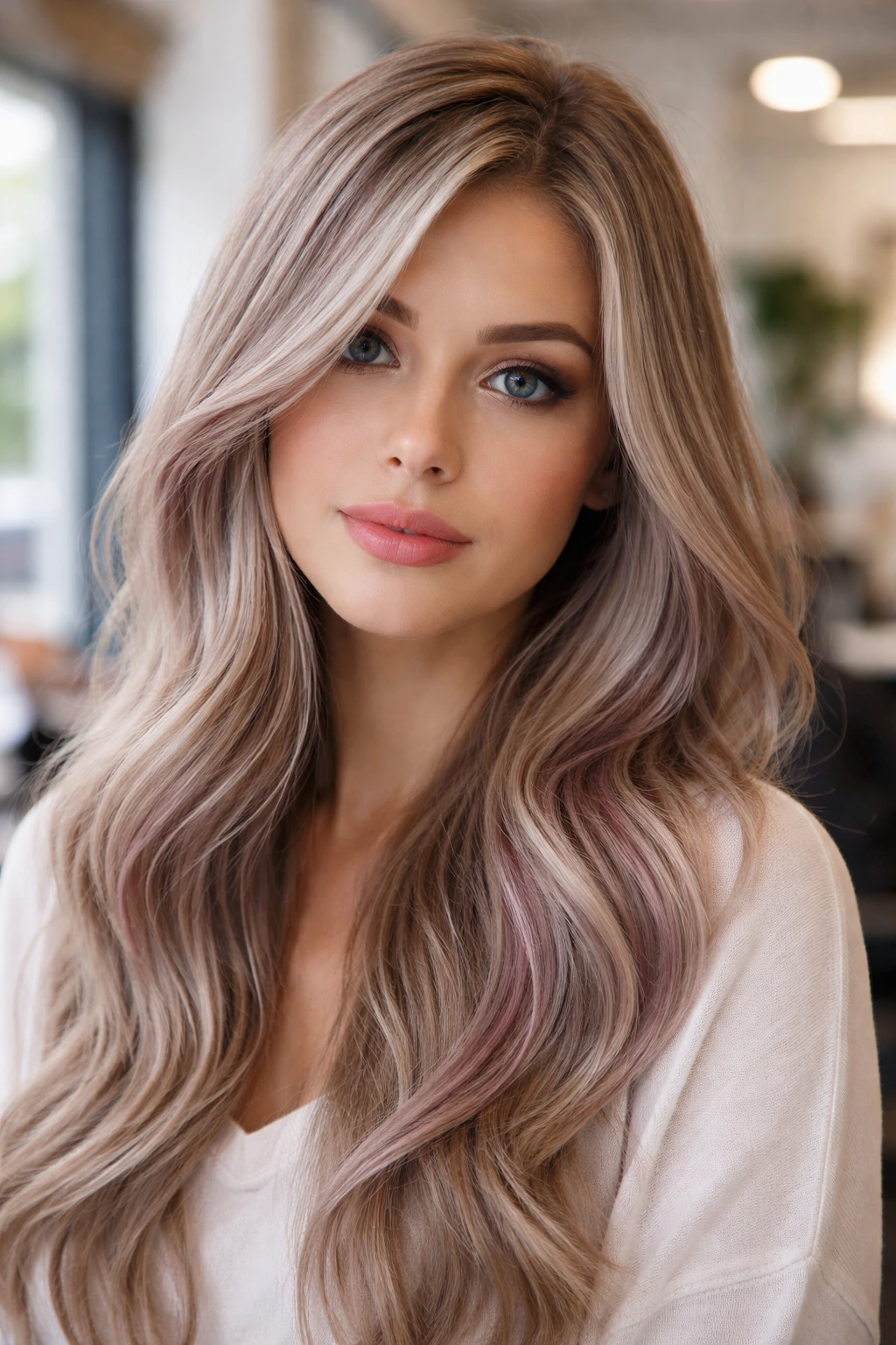 Close-up of ash blonde hair with pink-gray lowlights on a real person