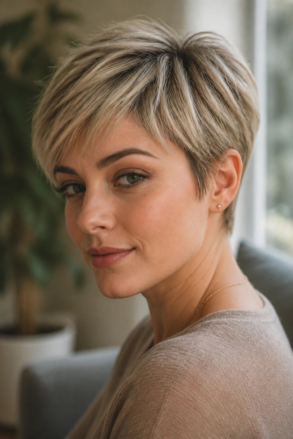 Close-up portrait of a real woman with an ash-blonde pixie, darker roots, crown lift and swept fringe.