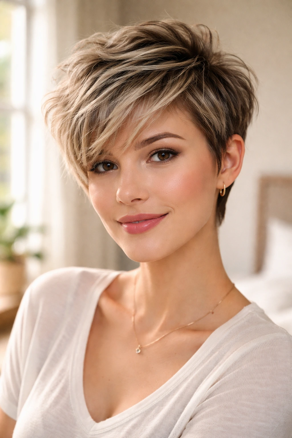 Close-up of a woman with a textured pixie haircut and ash blonde highlights