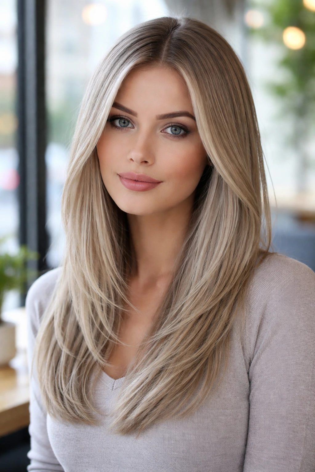 Close-up of a woman with ash blonde hair and cool undertones in a bright cafe corner