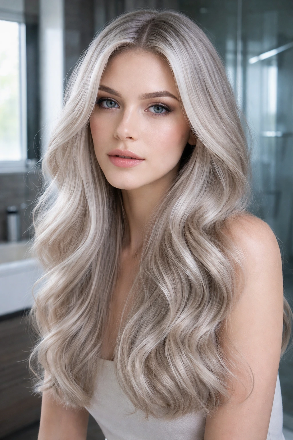 Real person with frost-ed ash blonde hair close-up portrait.