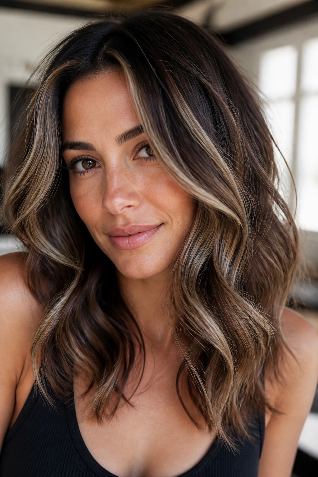Close-up of a real woman with chocolate brown hair and ash blonde ribbons in soft window light