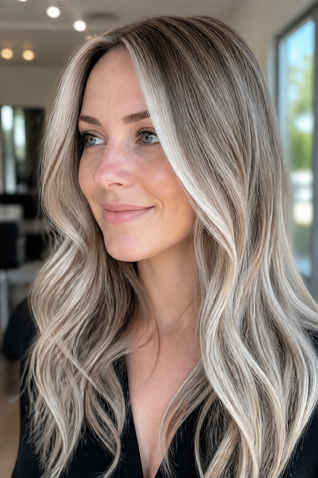 Close-up of a real woman with dimensional ash blonde hair and platinum ribbons.