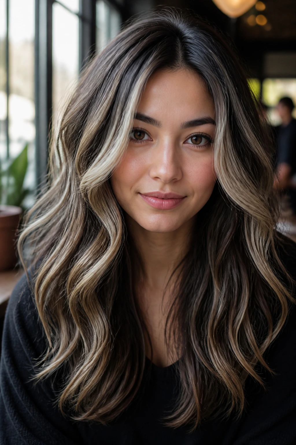 Close-up of a real woman with ash blonde ribbons through dark brown hair