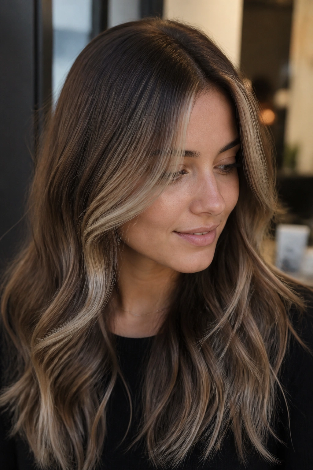 Close-up portrait of mocha hair with ash blonde ribbons framing the face