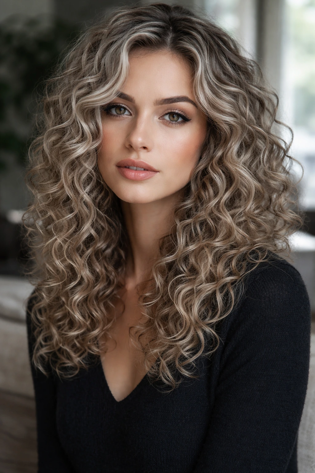 Portrait of a person with ash blonde ringlets under moody light