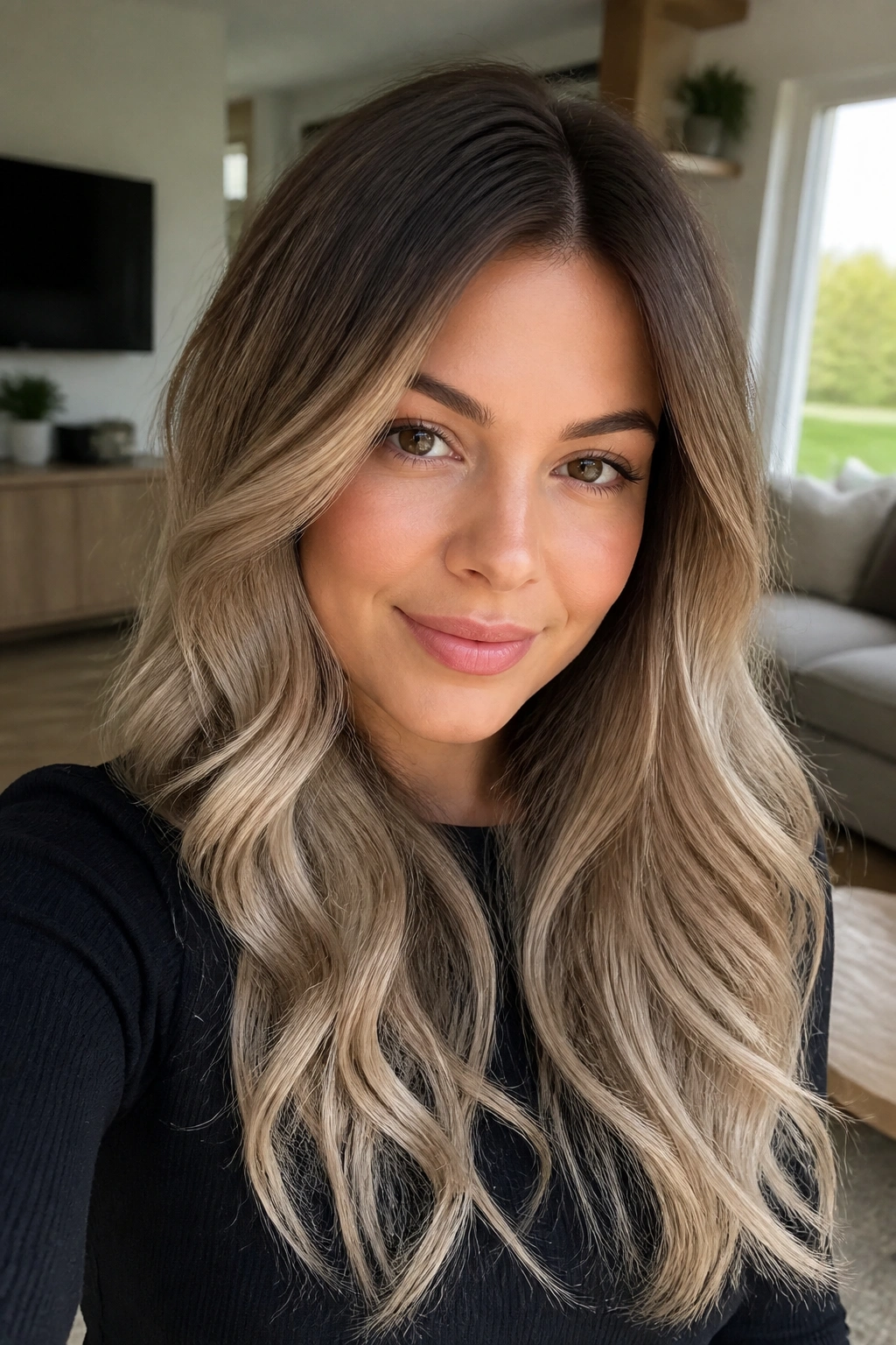 Portrait of woman with brown-to-ash blonde root melt