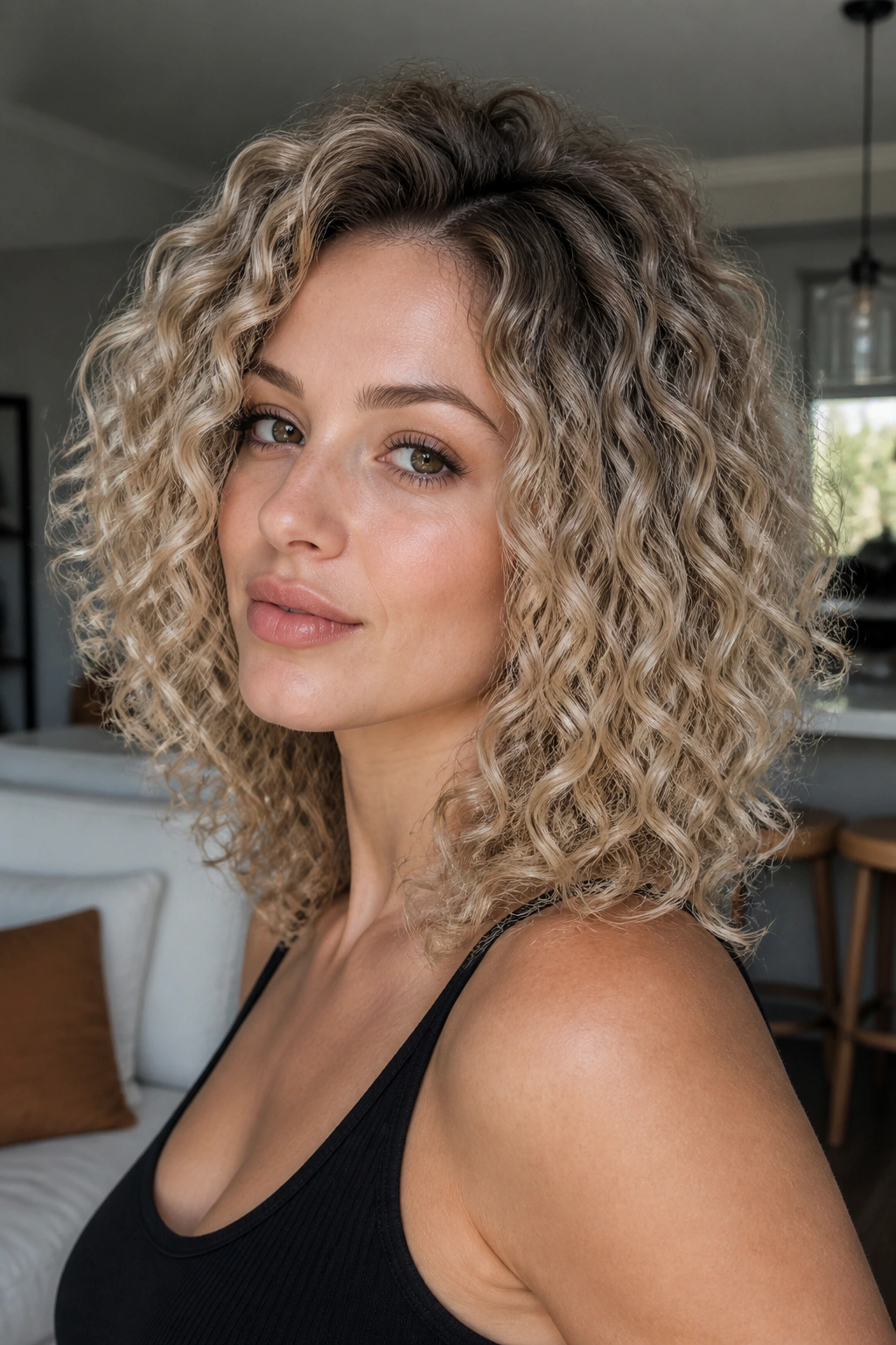 Close-up of a real person with ash blonde curls and deep root smudge