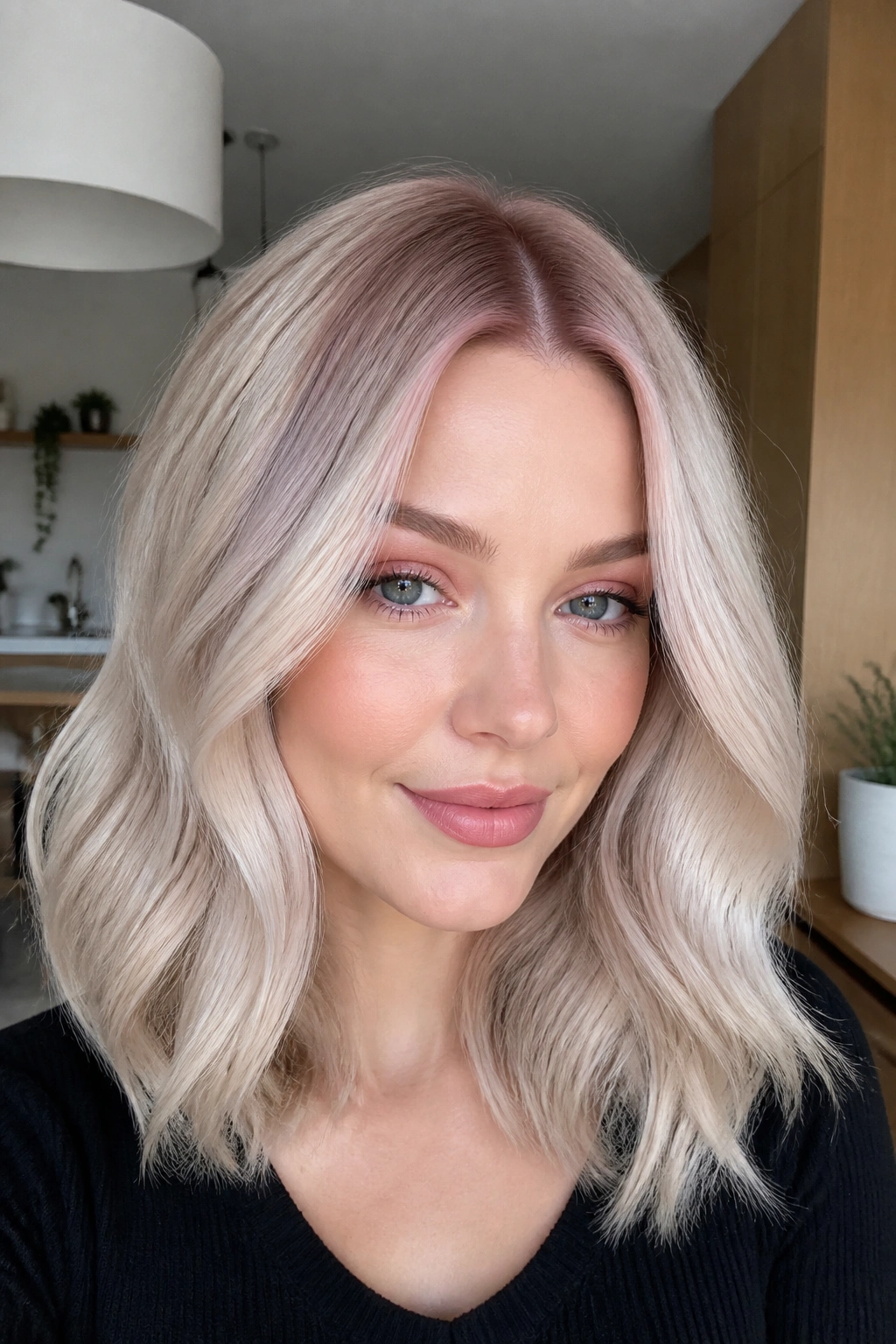 Portrait of a real woman with ash blonde hair and rose quartz shadow root