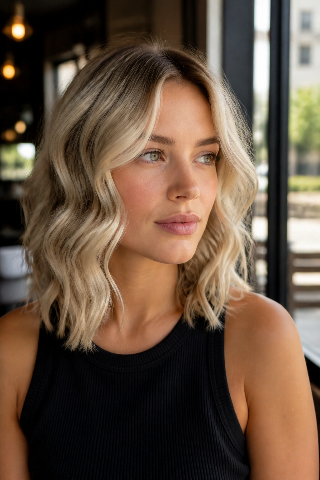 Close-up of a woman with ash blonde S-waves