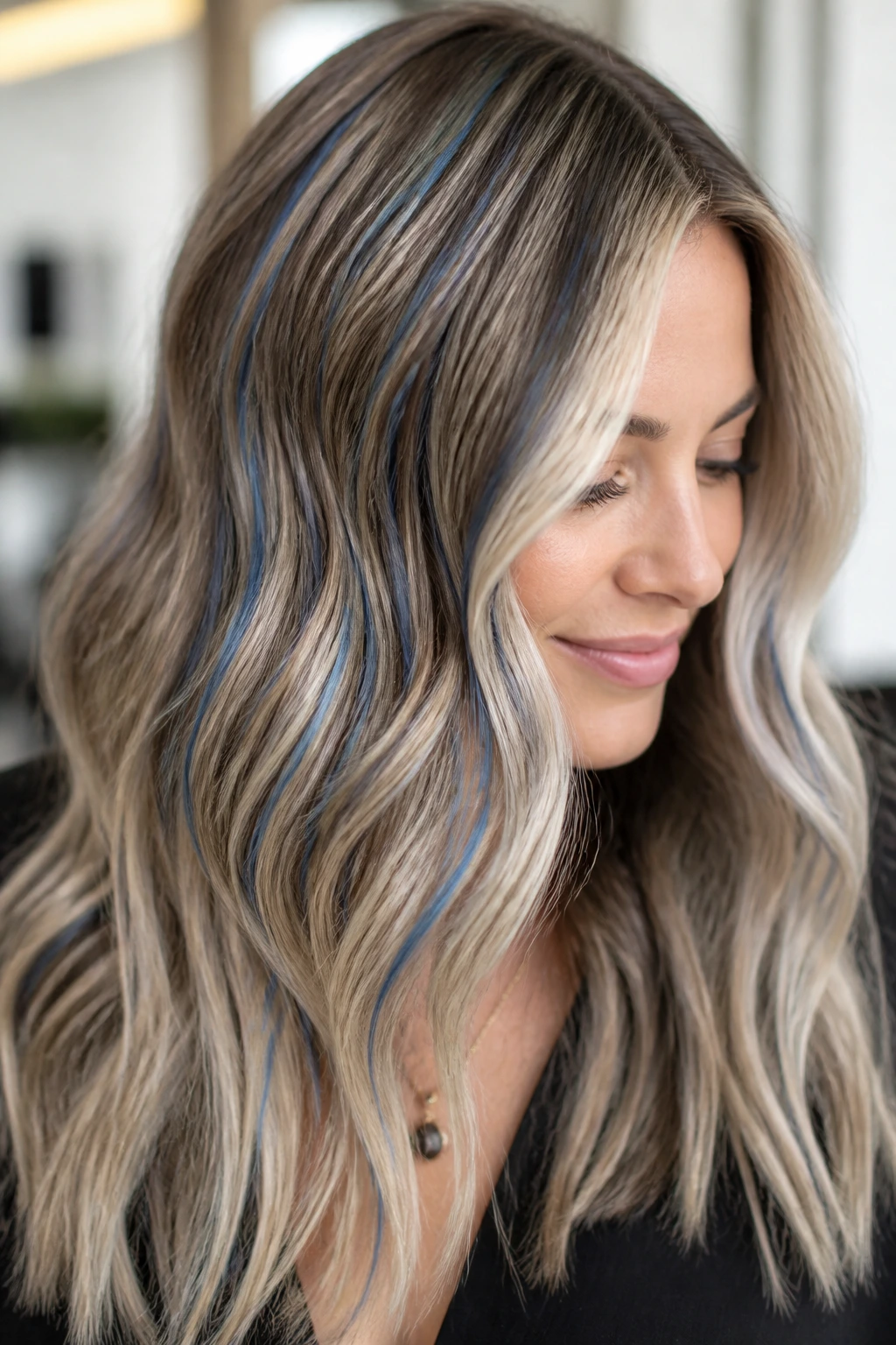 Ash blonde foilayage with sapphire threads on a real person in a bright salon