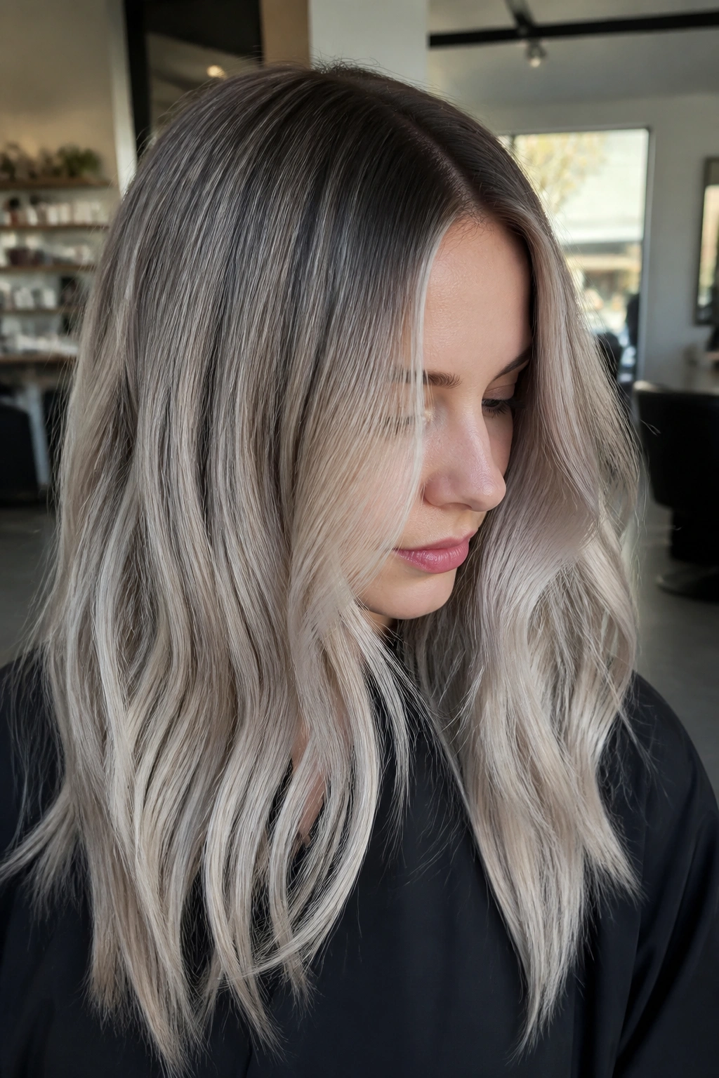 Close-up portrait of a real woman with shadow root ash blonde hair and cool tones