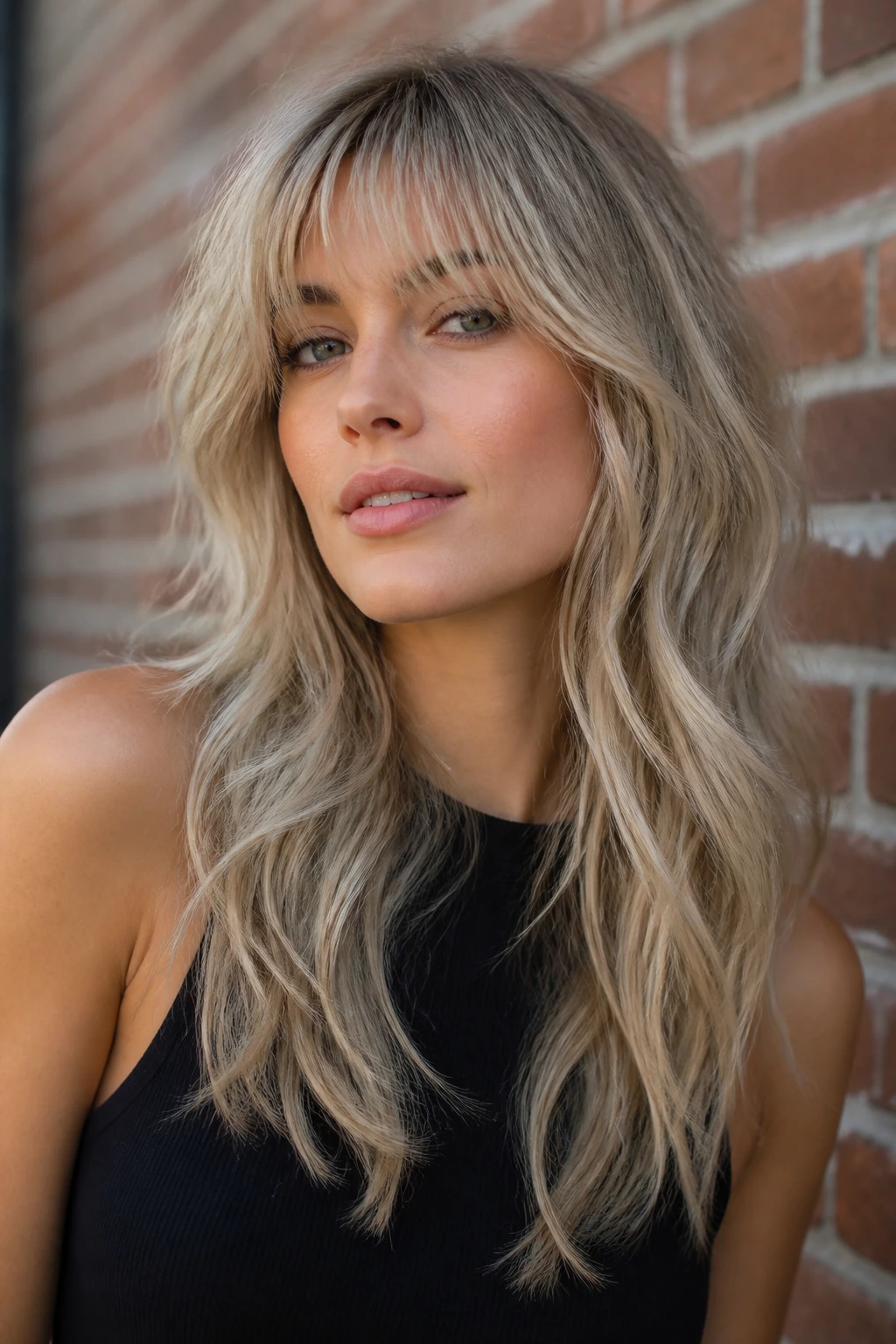 Real woman with ash blonde shag and wispy bangs against brick wall