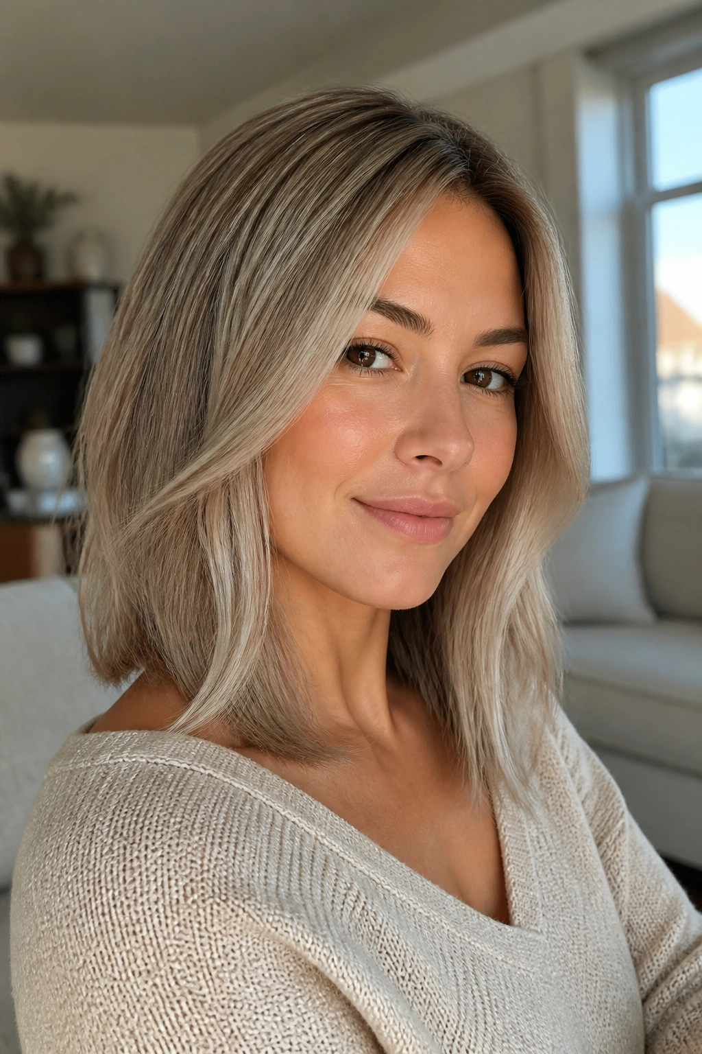 Portrait of a woman with smoky beige ash blonde shoulder-length hair and side part