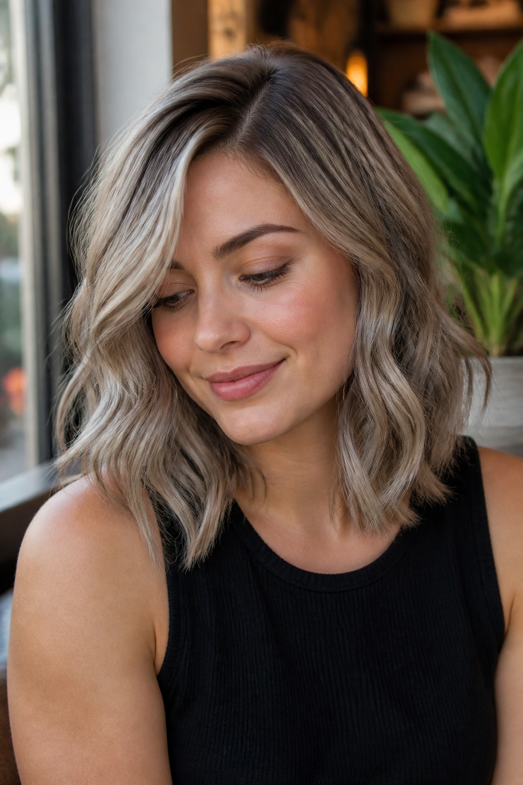 Portrait of a real woman with smoke-toned ash blonde waves at collarbone length, sitting in a sunlit cafe.
