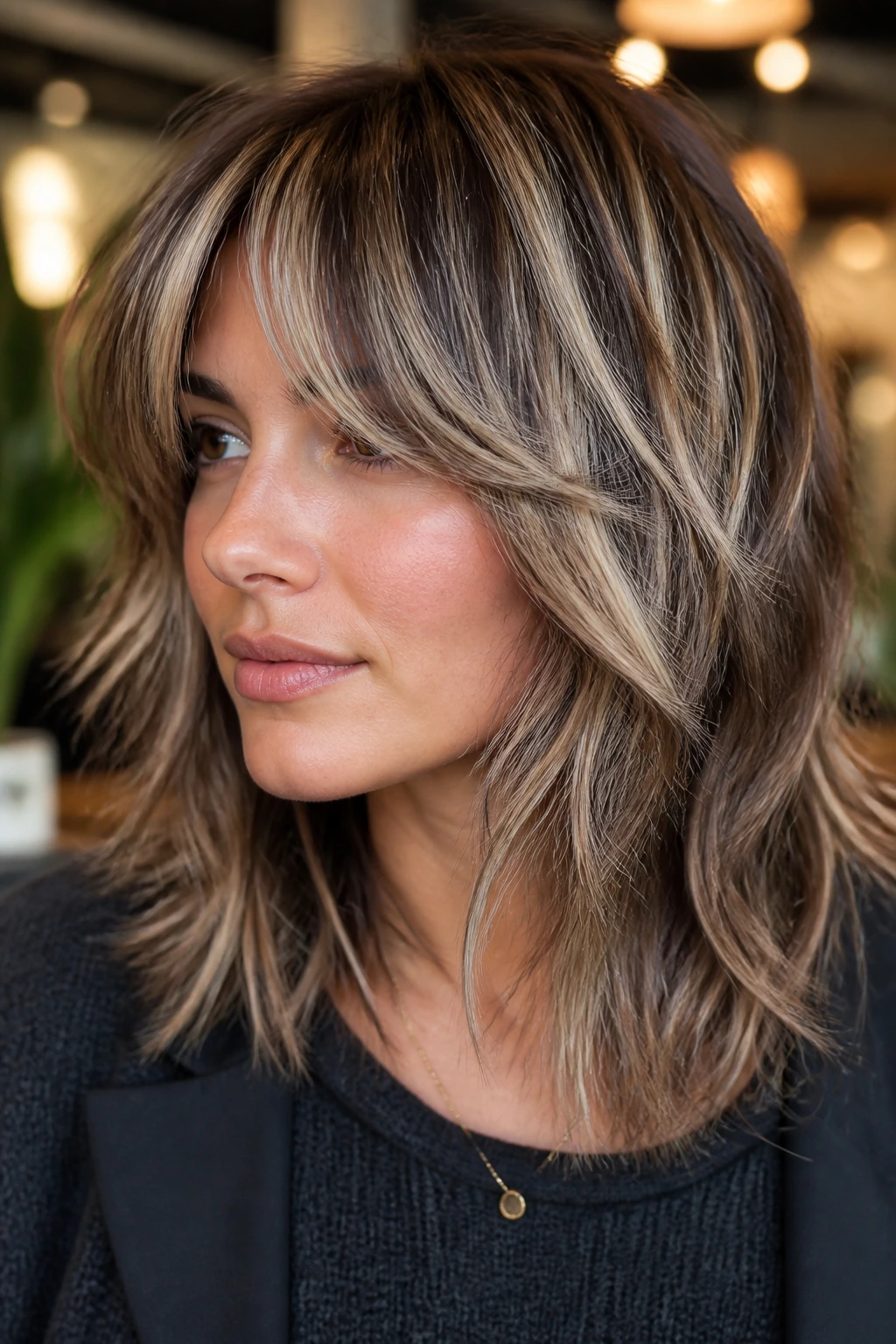 Close-up portrait of layered shag with ash blonde streaks through crown and bangs